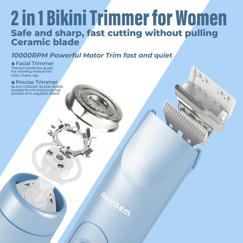 Akunbem Bikini Trimmer for Women, Electric Shaver and Razor Rechargeable 2-In-1 Body and Facial Hair Removal Double Head for Painless Trimming of Pubic Face Underarm Legs, IPX7 Waterproof,Blue